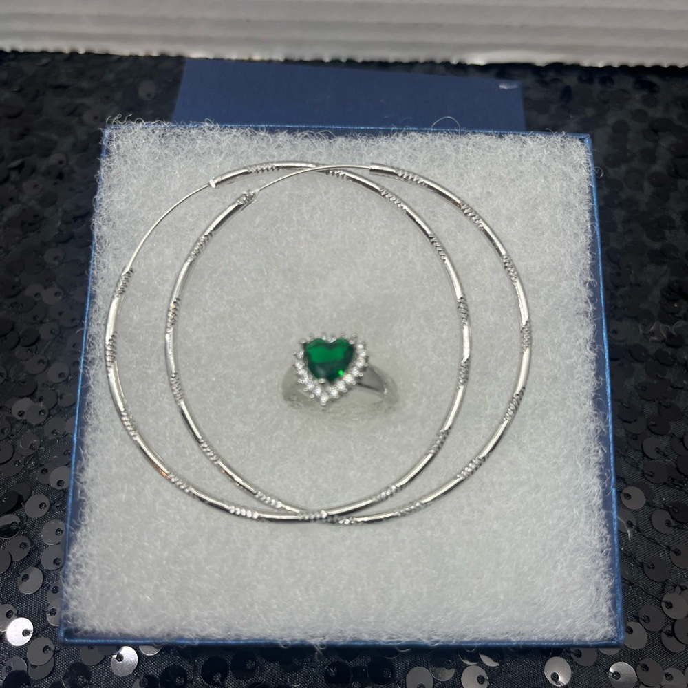 Set of Arracadas and adjustable ring with heart stone. New White Laminated Gold - Picture 3 of 4
